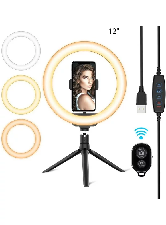 12" Ring Light LED Desktop Selfie Ring Light USB LED Desk Camera Ringlight 3 Colors Light with Tripod Stand iPhone Cell Phone Holder and Remote Control for Photography Makeup Live Streaming