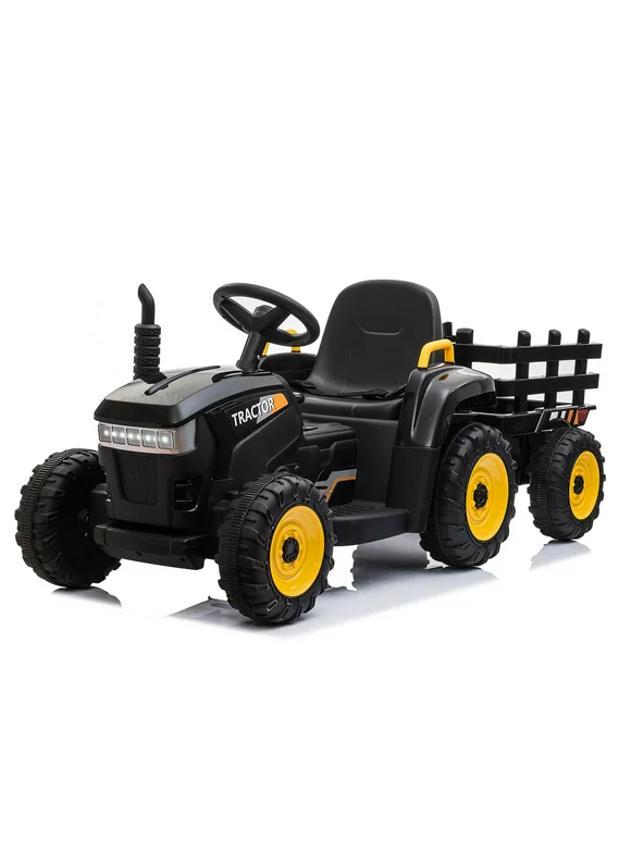 12v Kid Ride On Truck, Ride On Tractors, 6 Wheels Kids Electric Tractor with Trailer, 2 Speeds, Led Lights, Bluetooth Audio Functions, Black Motorized Riding Toys for Boys Girls, JA4491