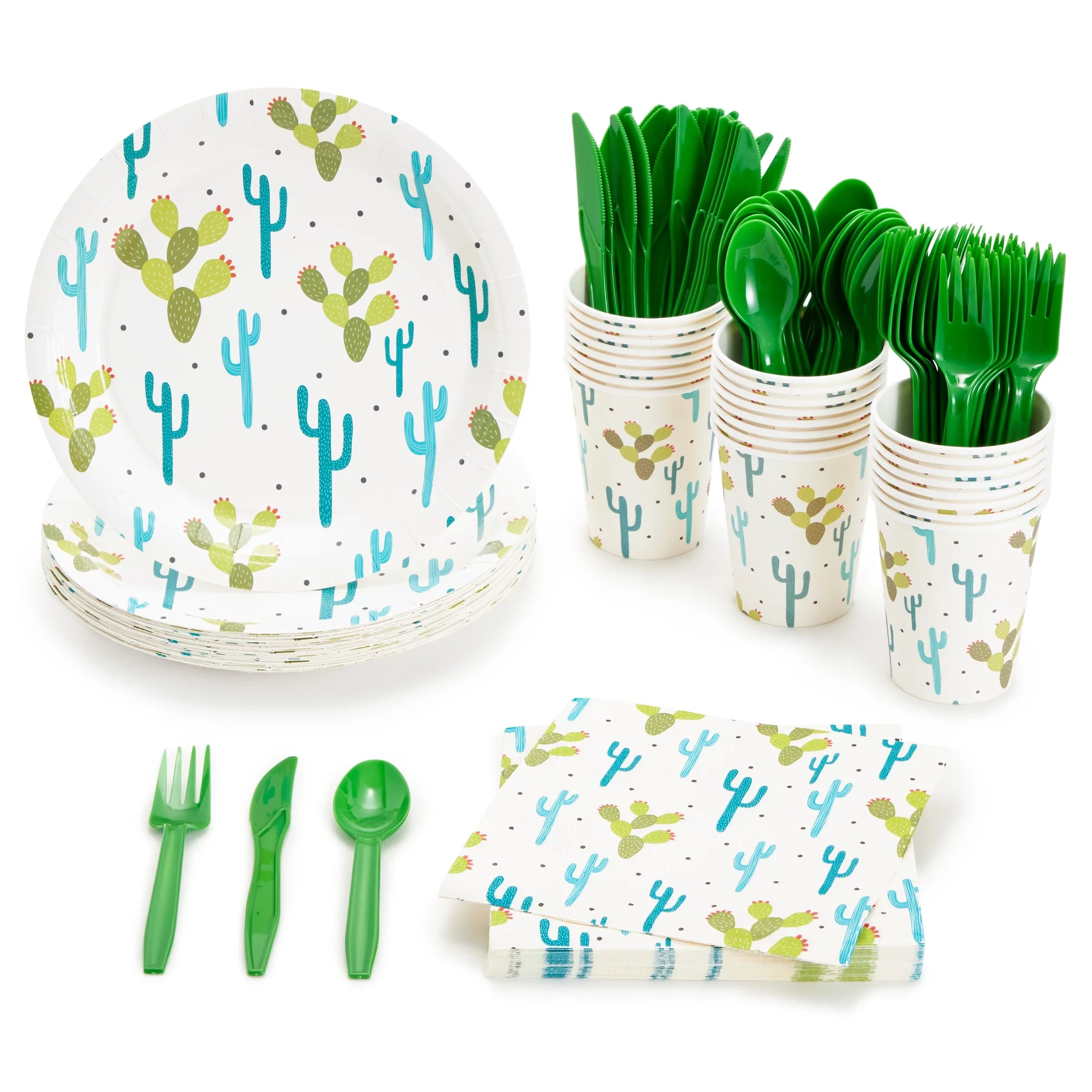 144-Pieces of Cactus Party Supplies with Succulent Plates, Napkins, Cups and Cutlery for Fiesta Party Celebration, Birthday, Taco Baby Shower Decorations (Serves 24)