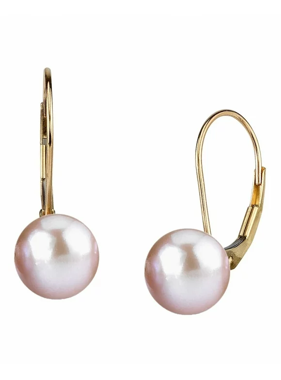 14K Gold Round Pink Freshwater High Luster Cultured Pearl Leverback Earrings - AAAA Quality