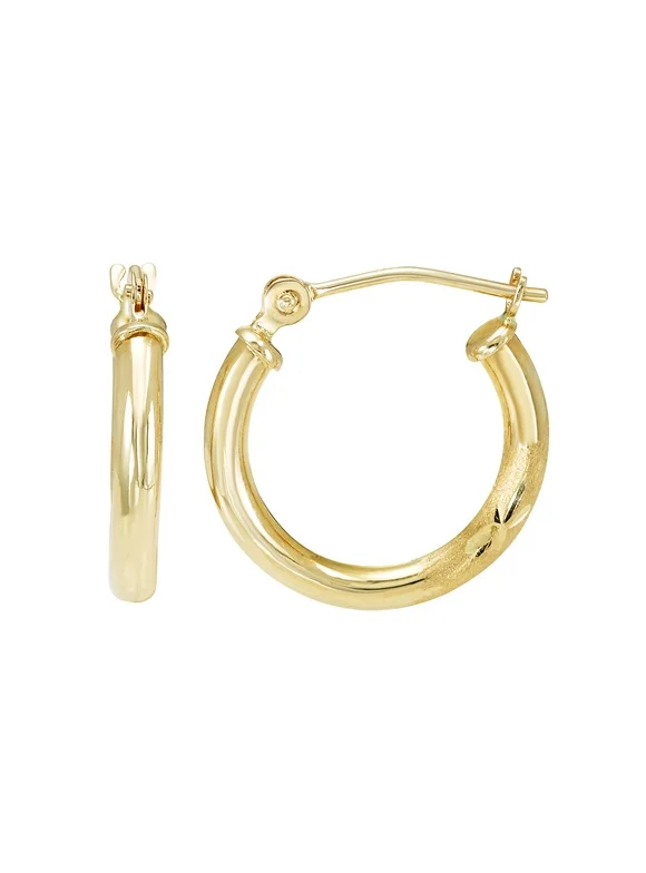 14k Yellow Gold Full Diamond Cut Hoops, 2x12mm, with Saddle Back, Women’s