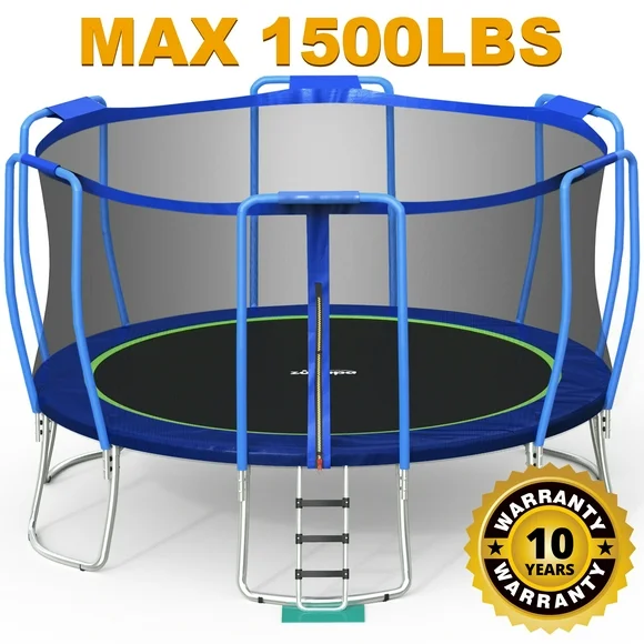 1500 LBS Weight Capacity Zupapa Trampolines No-Gap Design 16 15 14 12 10 8FT for Kids Children with Safety Enclosure Net Outdoor Backyards Large Recreational Trampoline