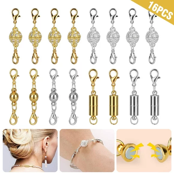 16pcs Gold and Silver Magnetic Lobster Clasp, EEEkit 3 Styles Jewelry Extenders, Jewelry Magnet Clasps Magnetic Locking Clasp Magnetic Clasps Converter for DIY Necklace Bracelet Making
