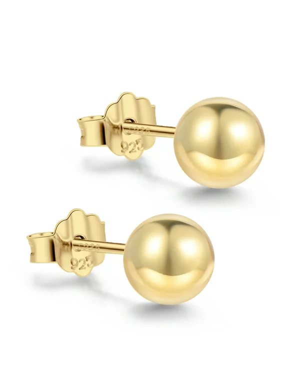18K Gold Plated Sterling Silver Ball Stud Earrings 5mm, Simple Polished Ball Studs Hypoallergenic Jewelry