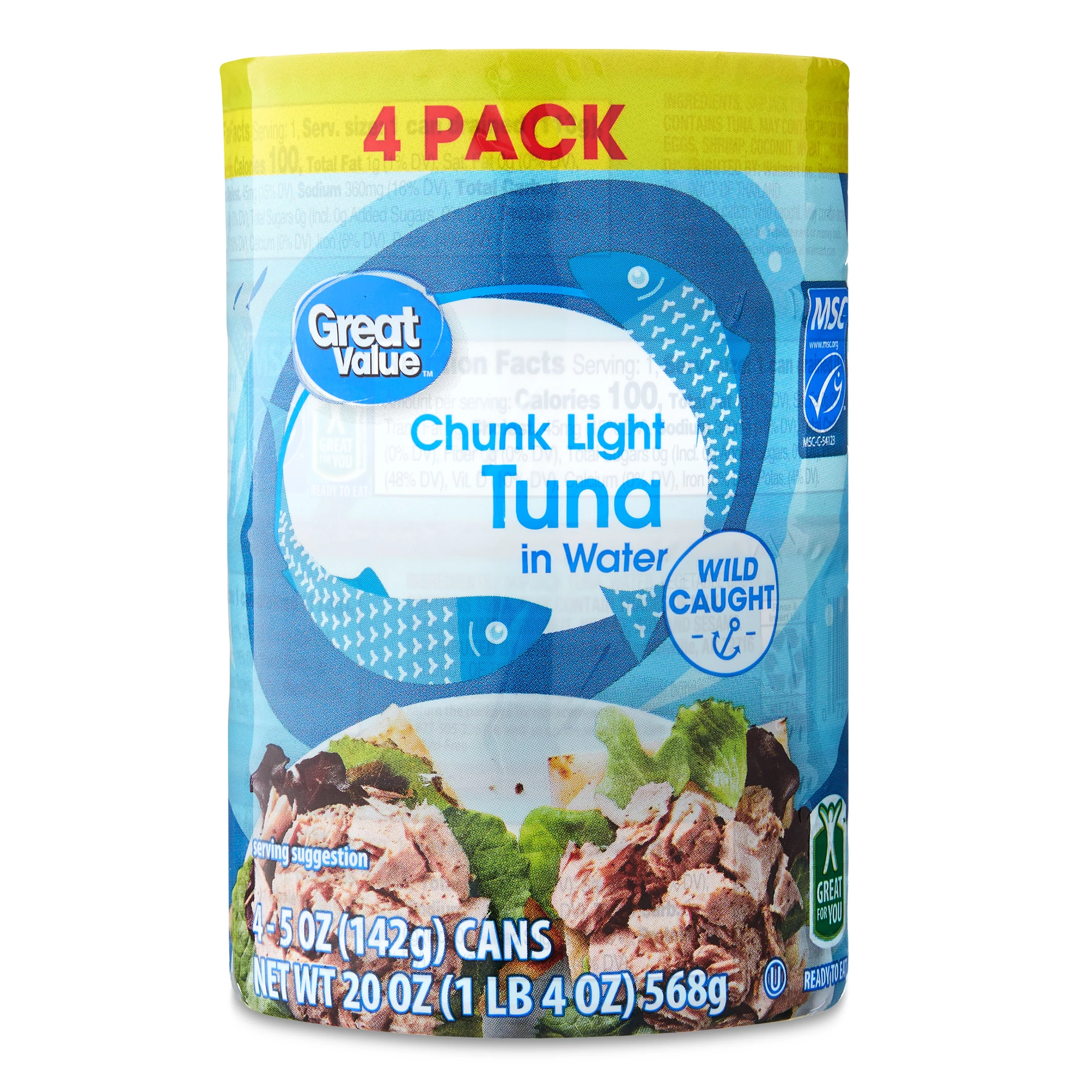 (4 Cans) Great Value Chunk Light Tuna in Water, 5 oz