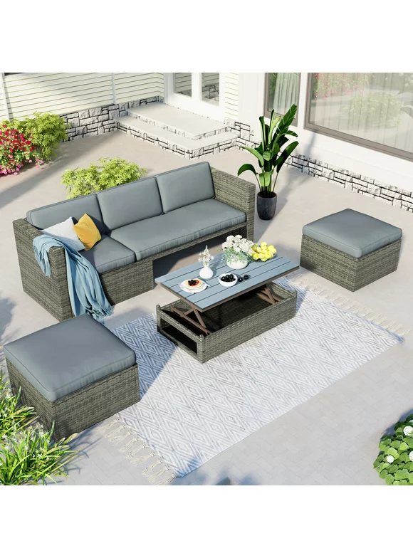 4 Pieces Patio Furniture Set, All-Weather Outdoor Sectional Rattan Sofa, PE Manual Weaving Wicker Patio Conversation Set with Retractable Coffee Table, Gray Cushion