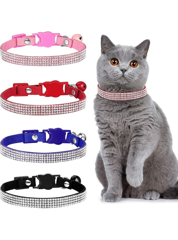 4 Pieces Rhinestones Cat Collars Breakaway Cat Collar with Bell Bling Pet Collars with Soft Velvet, 4 Colors
