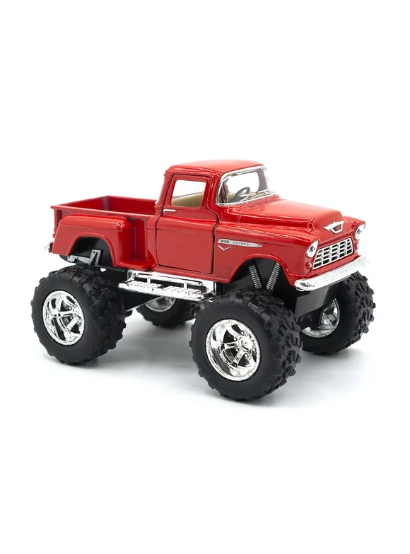 5 1955 Chevy Stepside with Monster Wheels Diecast Model Toy Car, but NO Box, Chevy Red, Size: 5