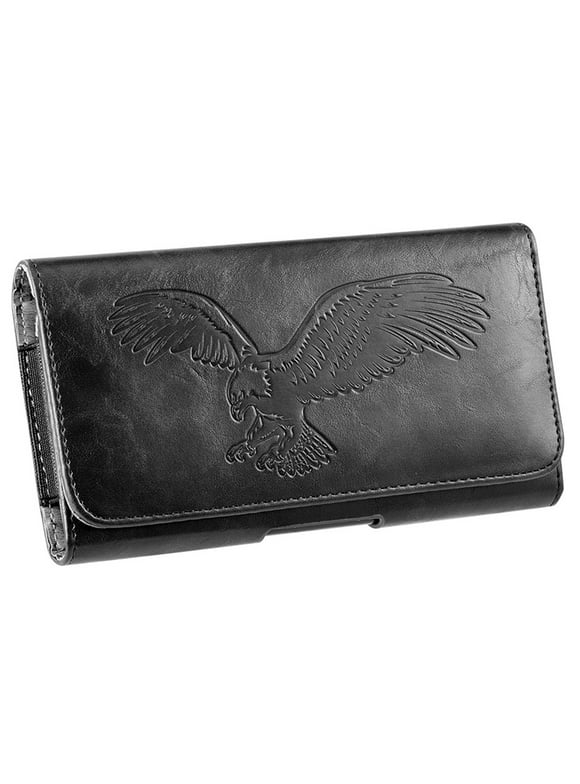 6.5-inch Horizontal Black PU Leather Cell Phone Holster Universal Fit with Belt Clip, Embossed Eagle Design
