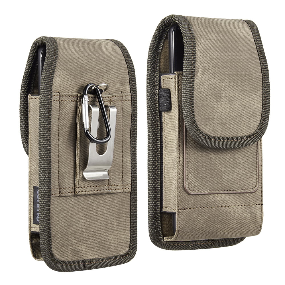 6.5-inch Vertical Light Brown Denim Universal Cell Phone Holster Pouch with Card Slots and Belt Clip
