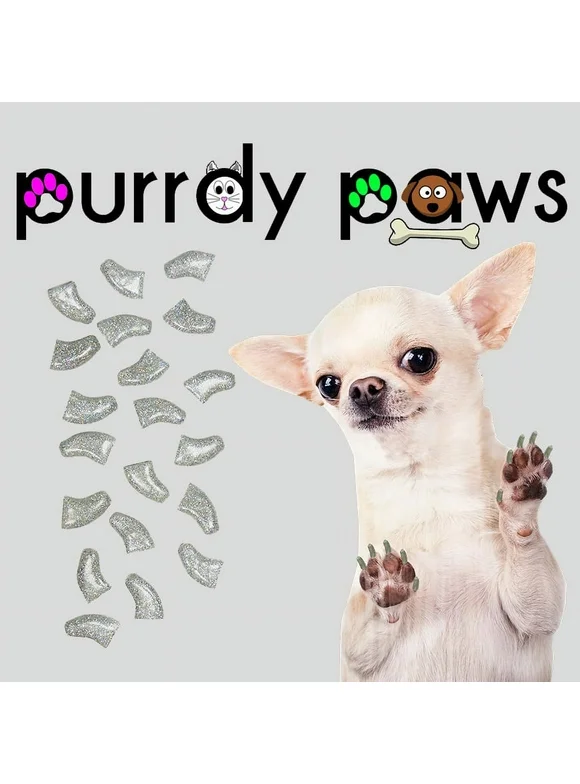 6 Month Supply - Purrdy Paws Silver Holo Glitter Soft Nail Caps for XXL Dog Nails - Extra Adhesives