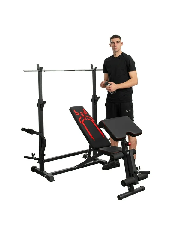 6-in-1 Adjustable Weight Bench, 880lbs Workout Bench Set with Barbell Rack & Leg Developer Preacher Curl Rack, Multi-Function Strength Training Bench Press