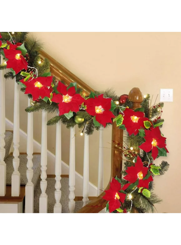 6Ft Lighted Poinsettia Christmas Garland with Red Berries and Holly Leaves, Pre-Lit Velvet Artificial Poinsettia Garland for Christmas Decoration, Battery Operated