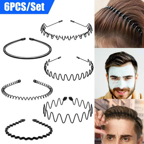 6pcs Metal Wavy Headbands, EEEkit Elastic and Non-Slip Hairbands for Men and Women, Fashion Hair Hoop for Sports, Black