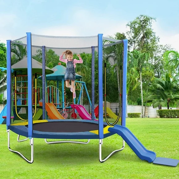 7' Trampoline with Slide and Ladder, Small Trampoline for kids, Climb Slide Toddlers Recreational Trampoline with Enclosure Net for Indoor/Outdoor, Blue