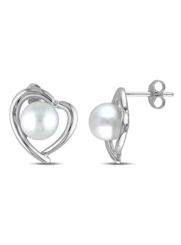 8-8.5mm White Freshwater Cultured Pearl and Diamond-Accent Sterling Silver Heart Earrings
