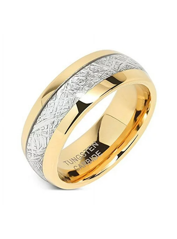 8mm Mens Tungsten Carbide Ring Meteorite Inlay 14k Gold Plated Jewelry Wedding Band, Size 5-16