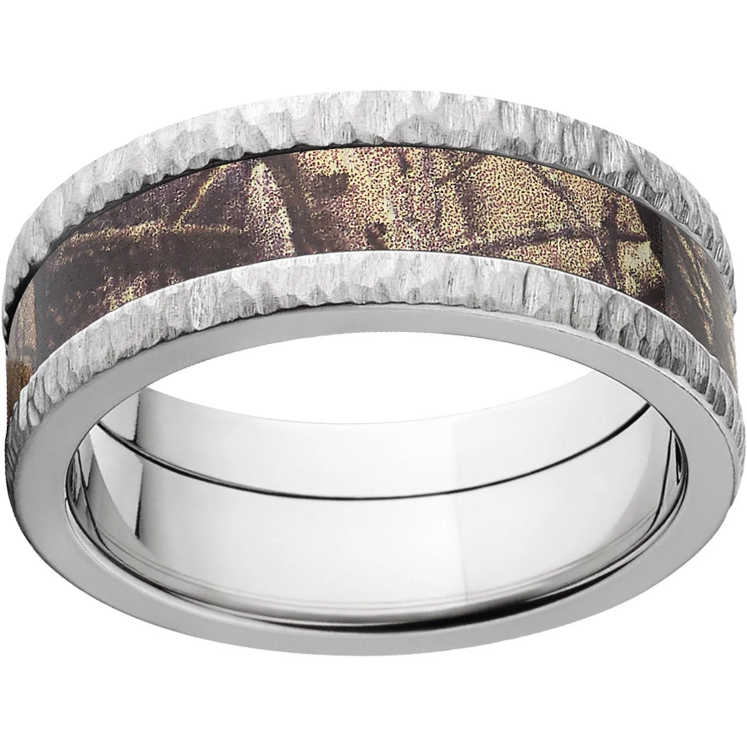 AP Men's Camo 8mm Stainless Steel Wedding Band with Tree Bark Edges and Deluxe Comfort Fit