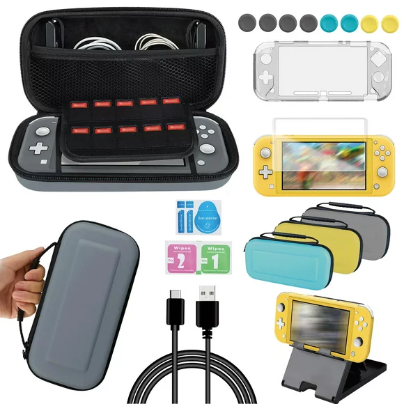 Accessories Kit for Nintendo Switch Lite, EEEkit 7-in-1 Accessories Bundle with Carrying Case, Protective Cover Case, Tempered Glass Screen Protector, Adjustable Play Stand, Thumb Grips, Type C Cable
