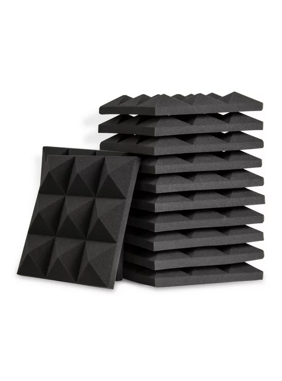 Acoustic Foam Panels - Pyramid Recording Studio Wedge Tiles - 2" X 12" X 12" Isolation Treatment for Walls and Ceiling (12 Pack, Black)