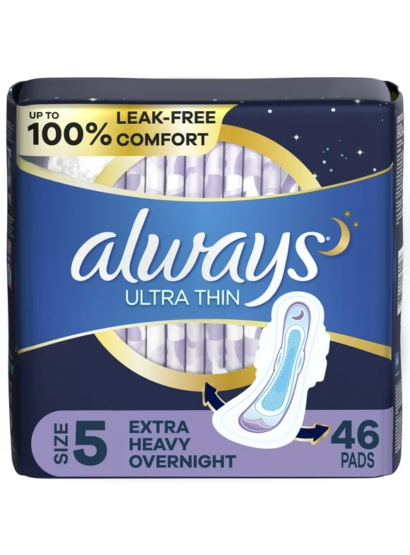 Always Ultra Thin Overnight Pads with Wings, Size 5, Extra Heavy Overnight Absorbency, 46 CT