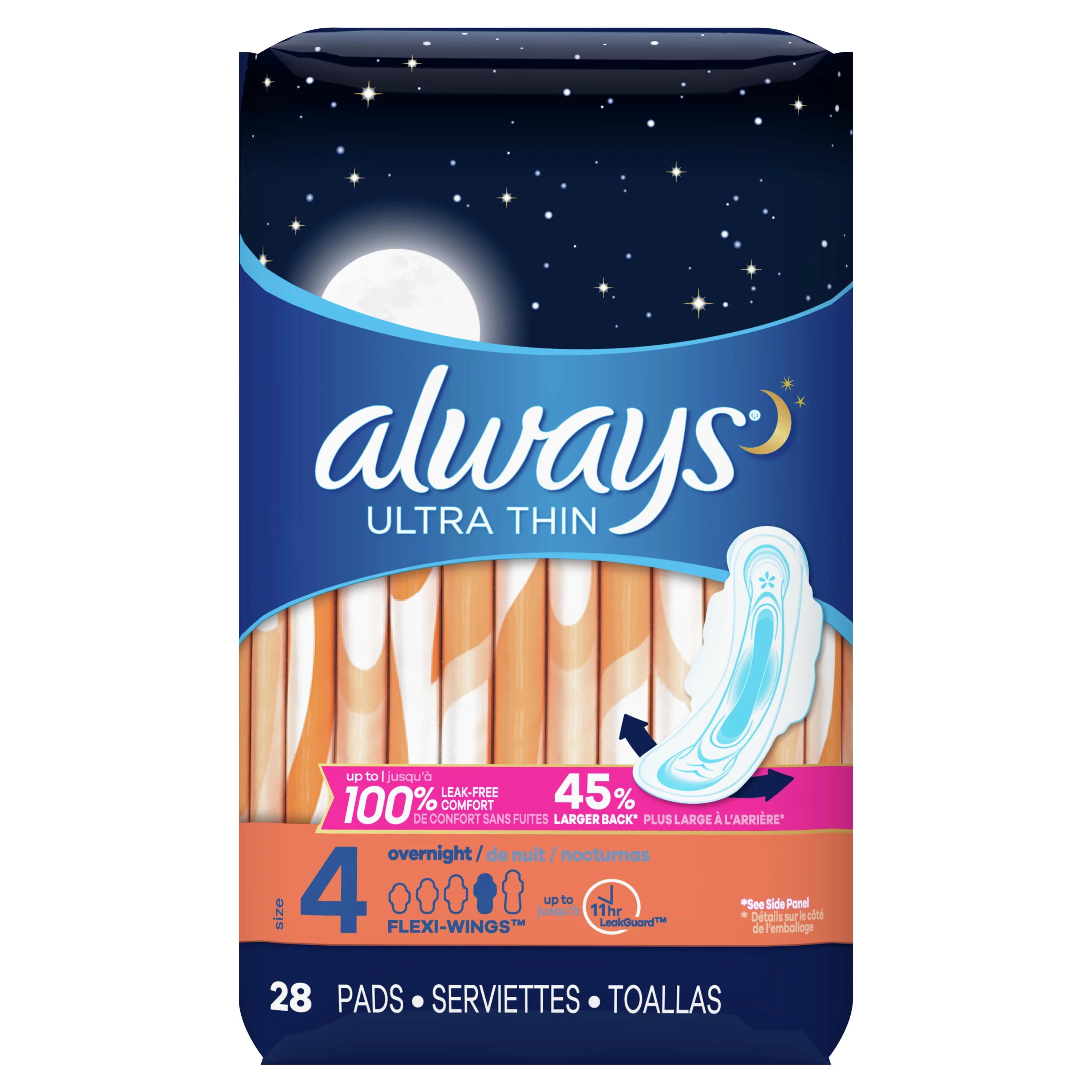 Always Ultra Thin Overnight Pads with Wings, Unscented, Size 4, 28 ct