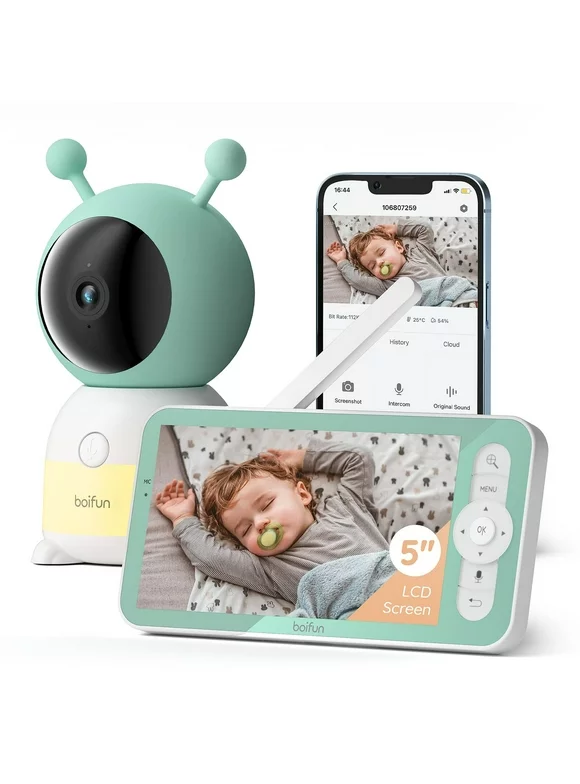 BOIFUN Video Baby Monitor with Remote Pan-Tilt-Zoom, 2K, Cry and Motion Detection, 300M Long Range, APP, Night Vision, 5'' Smart Baby Monitor with Camera and Audio