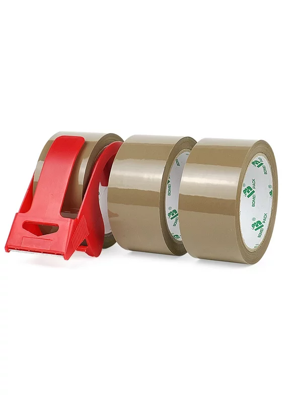 BOMEI PACK Heavy Duty Brown Packing Tape with Dispenser,3 Pack,2.4 Mil,1.88 Inch x 55 Yards,Brown Tape Refills for Industrial Shipping Box Packaging Tape for Moving, Office & Storage