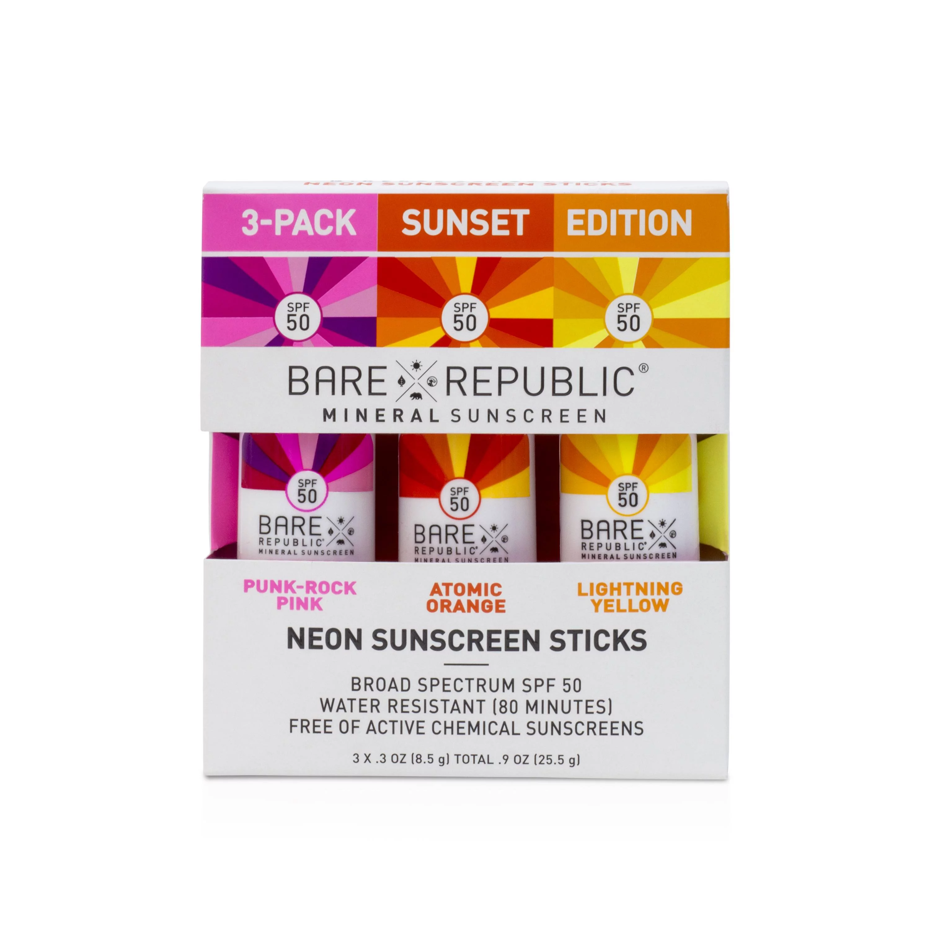 Bare Republic Mineral SPF 50 Neon Sunscreen Stick 3-Pack - Sunset Edition - Pink, Orange, Yellow