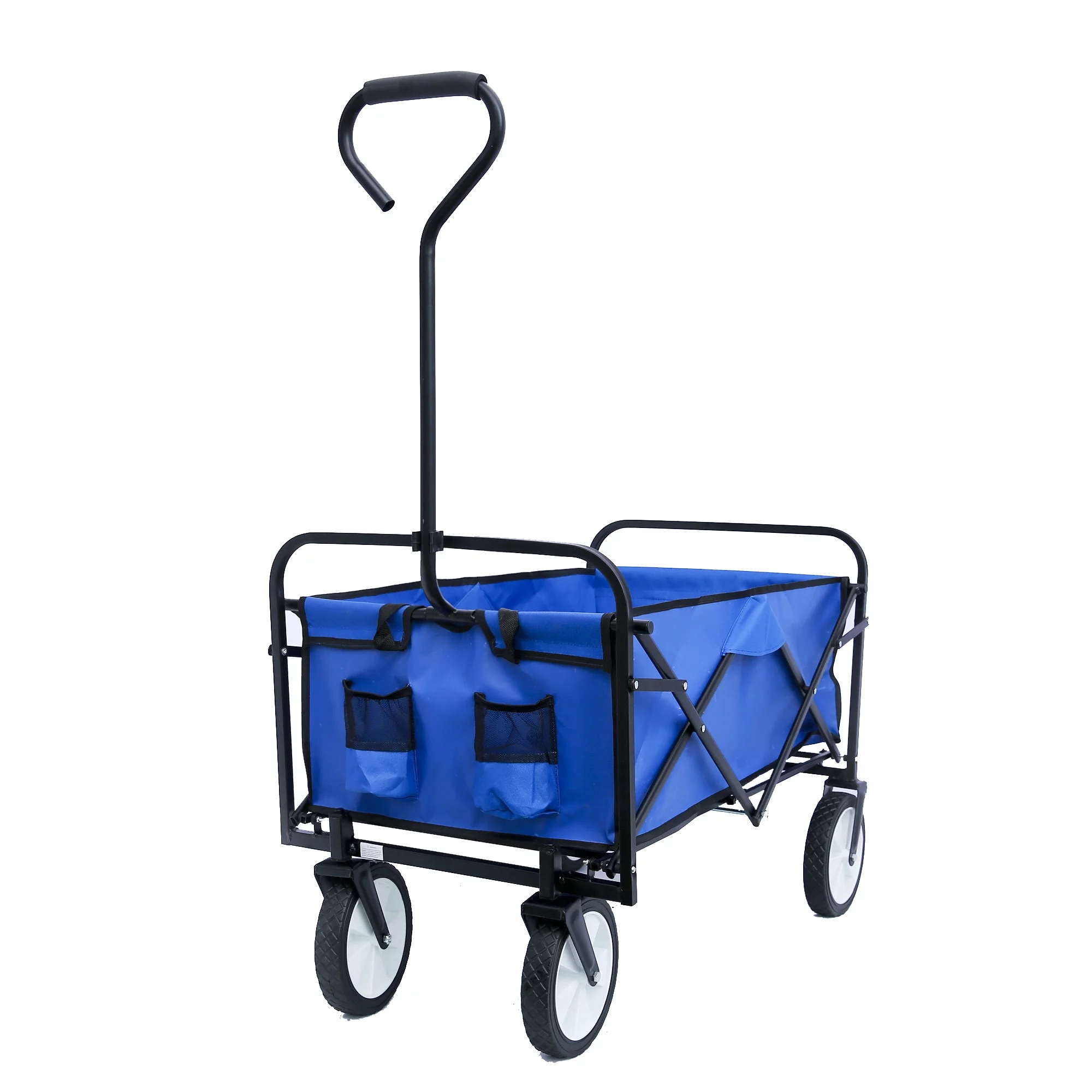 Beach Wagon, Collapsible Wagon with Adjustable Handle, Steel Frame 600D Oxford Cloth Grocery Cart with Wheels, Fold Up Wagon with 2 Mesh Cup Holders for Garden Shopping Picnic Beach, Blue, Q3801