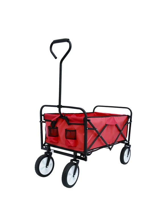 Beach Wagon, Collapsible Wagon with Adjustable Handle, Steel Frame 600D Oxford Cloth Grocery Cart with Wheels, Fold Up Wagon with 2 Mesh Cup Holders for Garden Shopping Picnic Beach, Red, Q3800