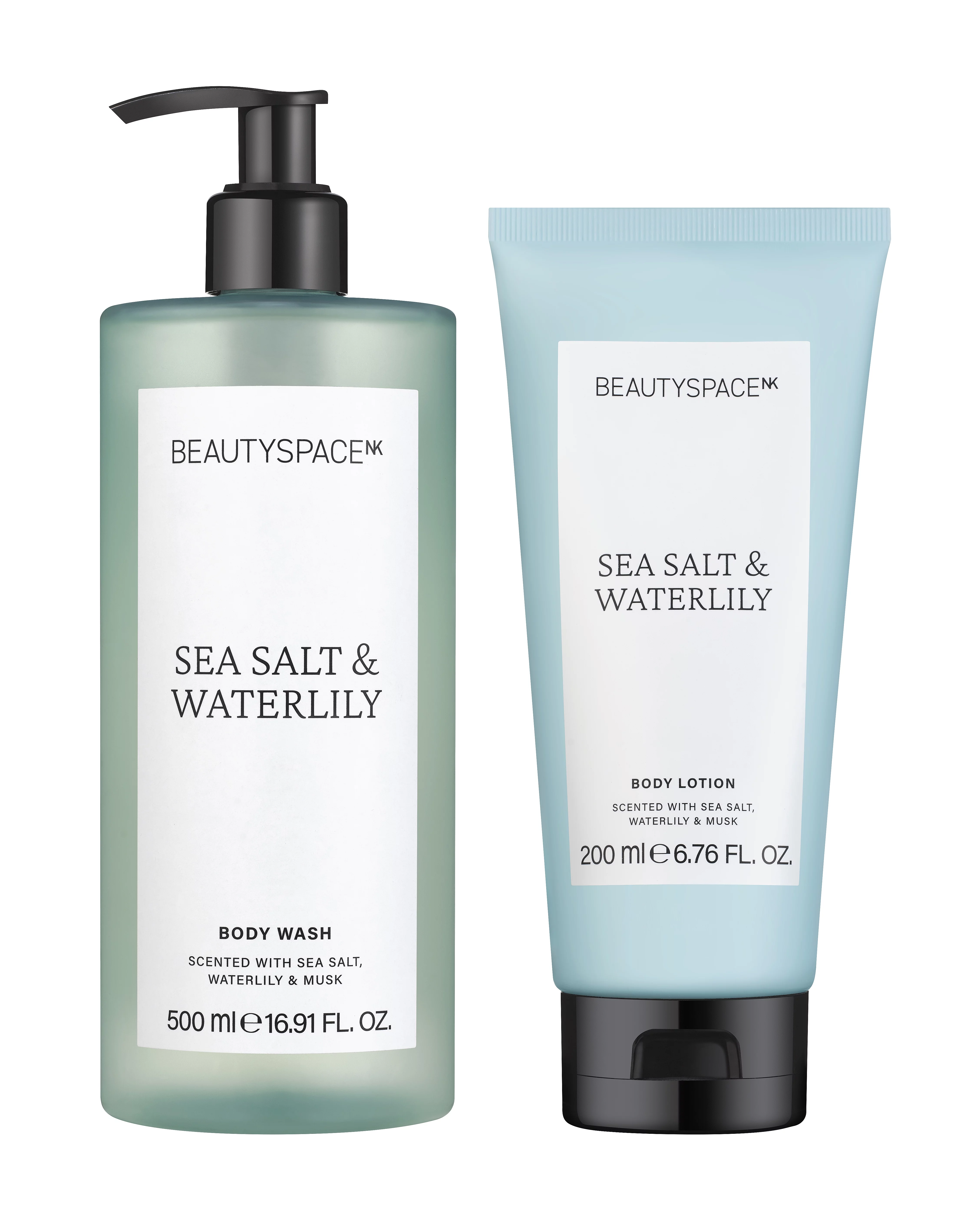 BeautySpaceNK Body Wash Soap & Lotion Gift Set Duo for Men and Women, Sea Salt and Waterlily, 2 Pack