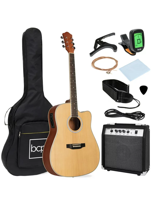 Best Choice Products Beginner Acoustic Electric Guitar Starter Set 41in w/ All Wood Cutaway Design, Case - Natural