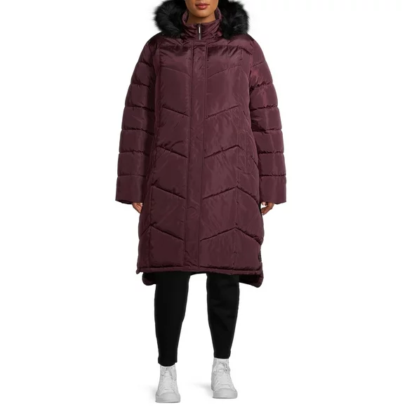 Big Chill Women's Maxi Chevron Puffer Coat with Fur Trim Hood Plus