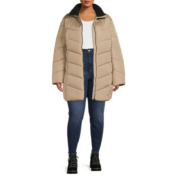 Big Chill Women's Plus Size Hooded Puffer Coat with Faux Sherpa Collar