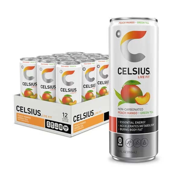 CELSIUS Green Tea Peach Mango, Functional Essential Energy Drink 12 fl oz (Pack of 12)