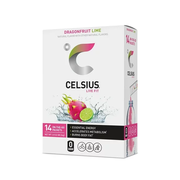 CELSIUS on-the-go Essential Energy Drink Mix, Dragonfruit Lime (14 Stick Pack)