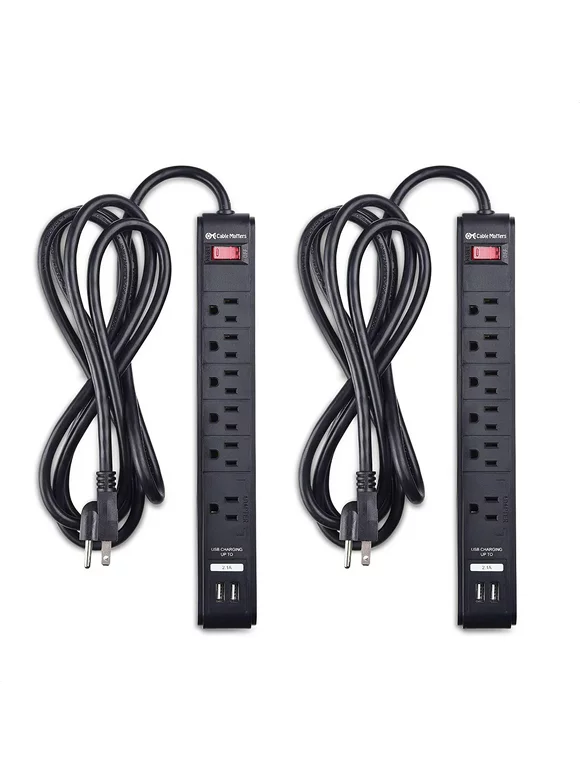 Cable Matters 2-Pack 6 Outlet Surge Protector Power Strip with USB Charging Ports, 300 Joules with 8 Foot Power Cord in Black