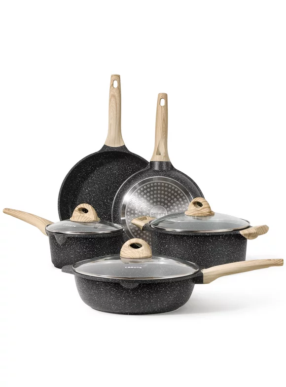 Carote Nonstick Pots and Pans Set, 8 Pcs Granite Stone Kitchen Cookware Sets (Black)