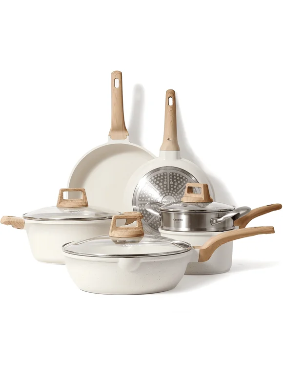 Carote Nonstick Pots and Pans Set, 9 Pcs Granite Stone Kitchen Cookware Sets (White)