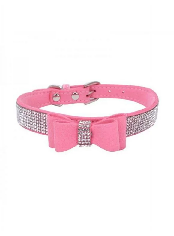 Catlerio Pet Dog Leather Rhinestones Bow Knot Collar Bling Diamonds for Small Medium Large Dogs