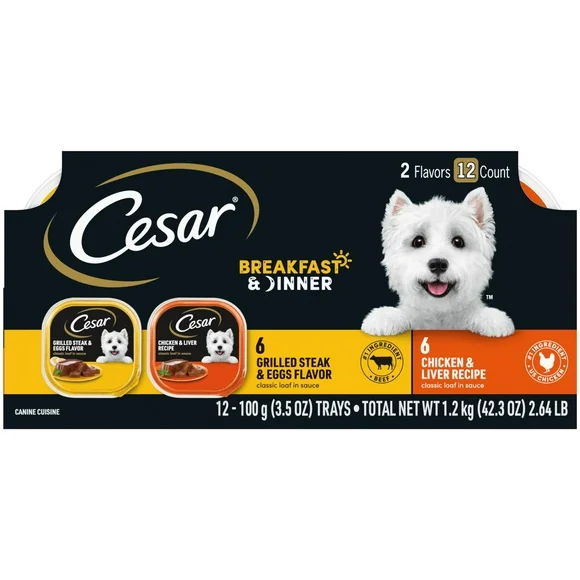 Cesar Classic Loaf in Sauce Breakfast and Dinner Wet Dog Food Variety Pack, 3.5 oz Trays (12 Pack)