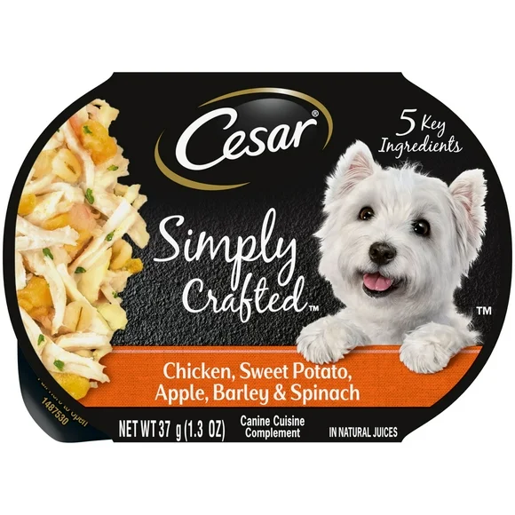 Cesar Simply Crafted Chicken, Sweet Potato, Apple, Barley, And Spinach Wet Dog Food, 1.3 oz tub