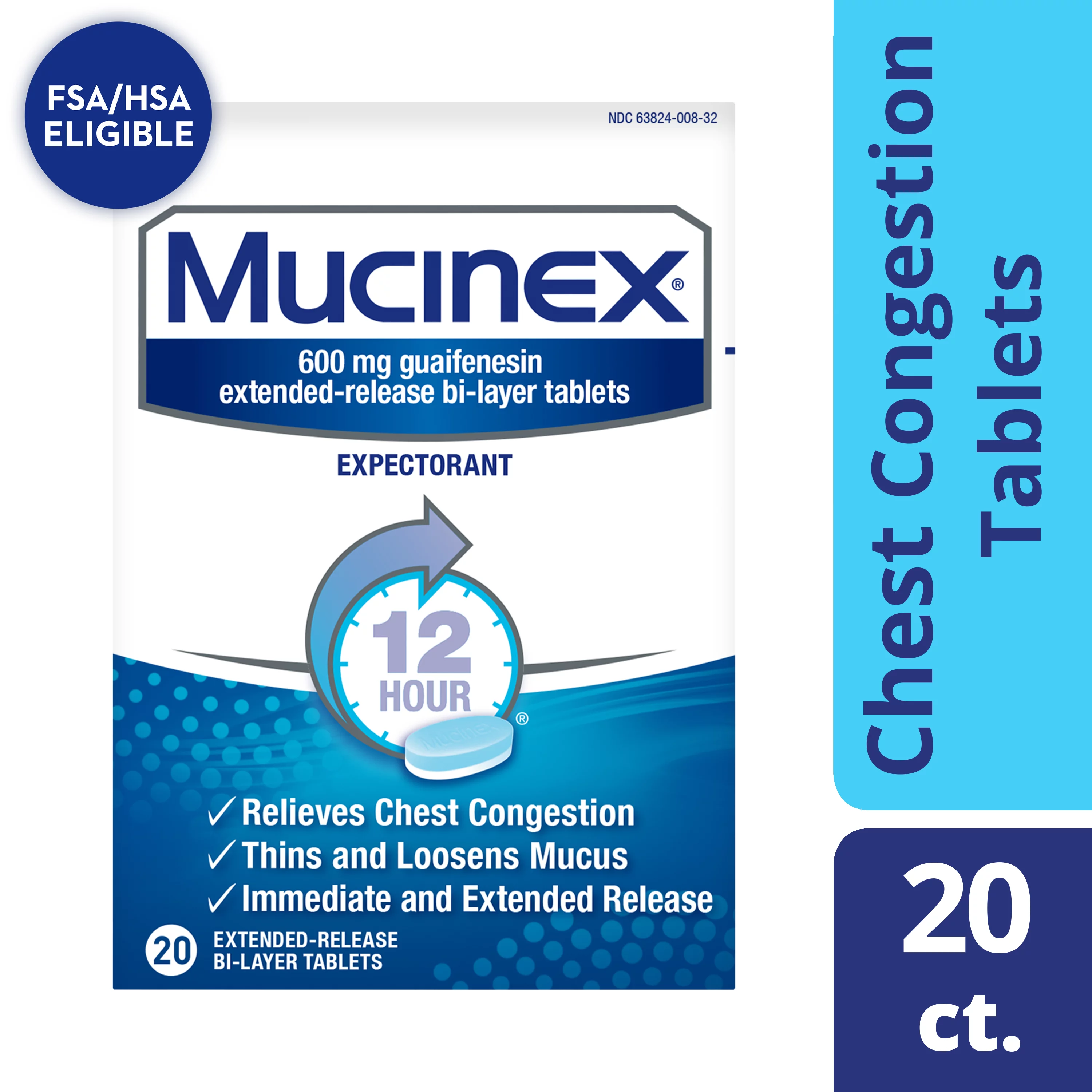 Mucinex 12 Hour Relief, Chest Congestion and Cough Medicine, 20 Tablets