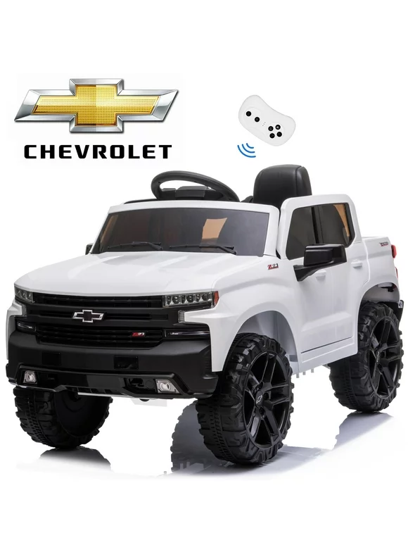 Chevrolet Silverado 12V Powered Ride on Cars for Kids, Remote Control, LED Light, MP3 Player, Electric Ride on Toys Truck for Boys Girls Gifts, White
