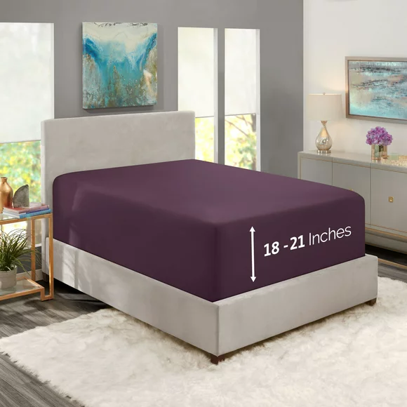 Clara Clark 1800 Microfiber Collection 18" - 21" Extra Deep Pocket Fitted Sheet, Twin XL Size, Purple Eggplant