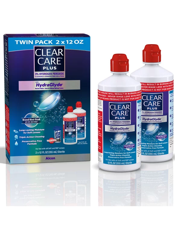 Clear Care Plus Hydrogen Peroxide Contact Lens Cleaning Liquid Solution with HydraGlyde, Two 12 oz per pack