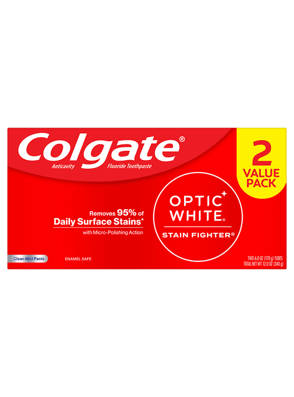 Colgate Optic White Stain Fighter Teeth Whitening Toothpaste Pack, Clean Mint Paste, 2 Pack, 6.0 oz