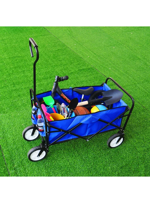 Collapsible Wagon, Heavy Duty Shopping Cart, Durable Garden Wagon, Folding Utility Wagon, Foldable Wagon with 2 Mesh Cup Holders, Adjustable Handle for Garden Shopping Picnic Beach, Blue, Q3813