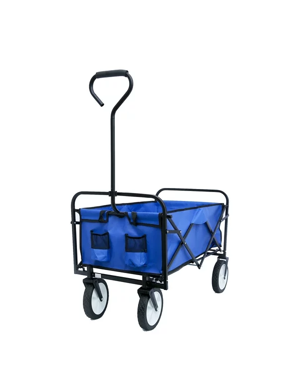 Collapsible Wagon, Heavy Duty Shopping Cart, Durable Garden Wagon, Folding Utility Wagon, Foldable Wagon with 2 Mesh Cup Holders, Adjustable Handle for Garden Shopping Picnic Beach, Blue, Q3828